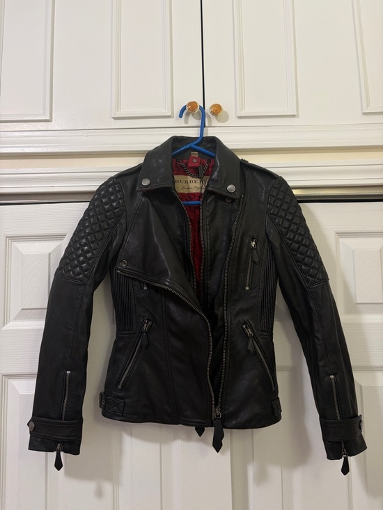 Burberry Jackets & Blazers - Burberry Black Quilted Shoulder Leather Moto Jacket with Red Lining